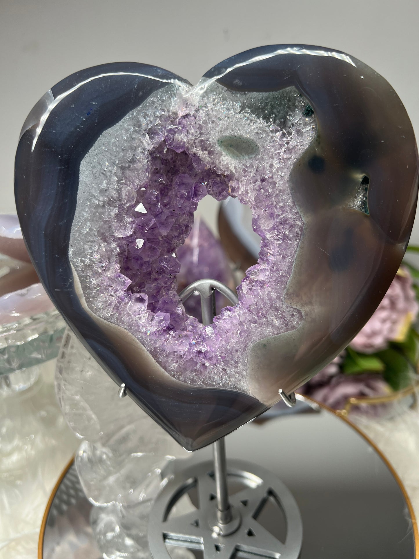 Amethyst & agate with moss agate inclusions sparkly heart with metal stand