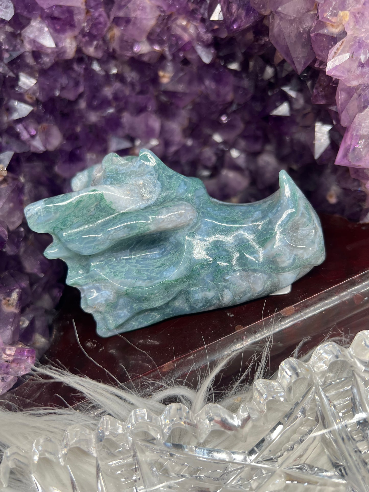 Moss agate dragon head carving