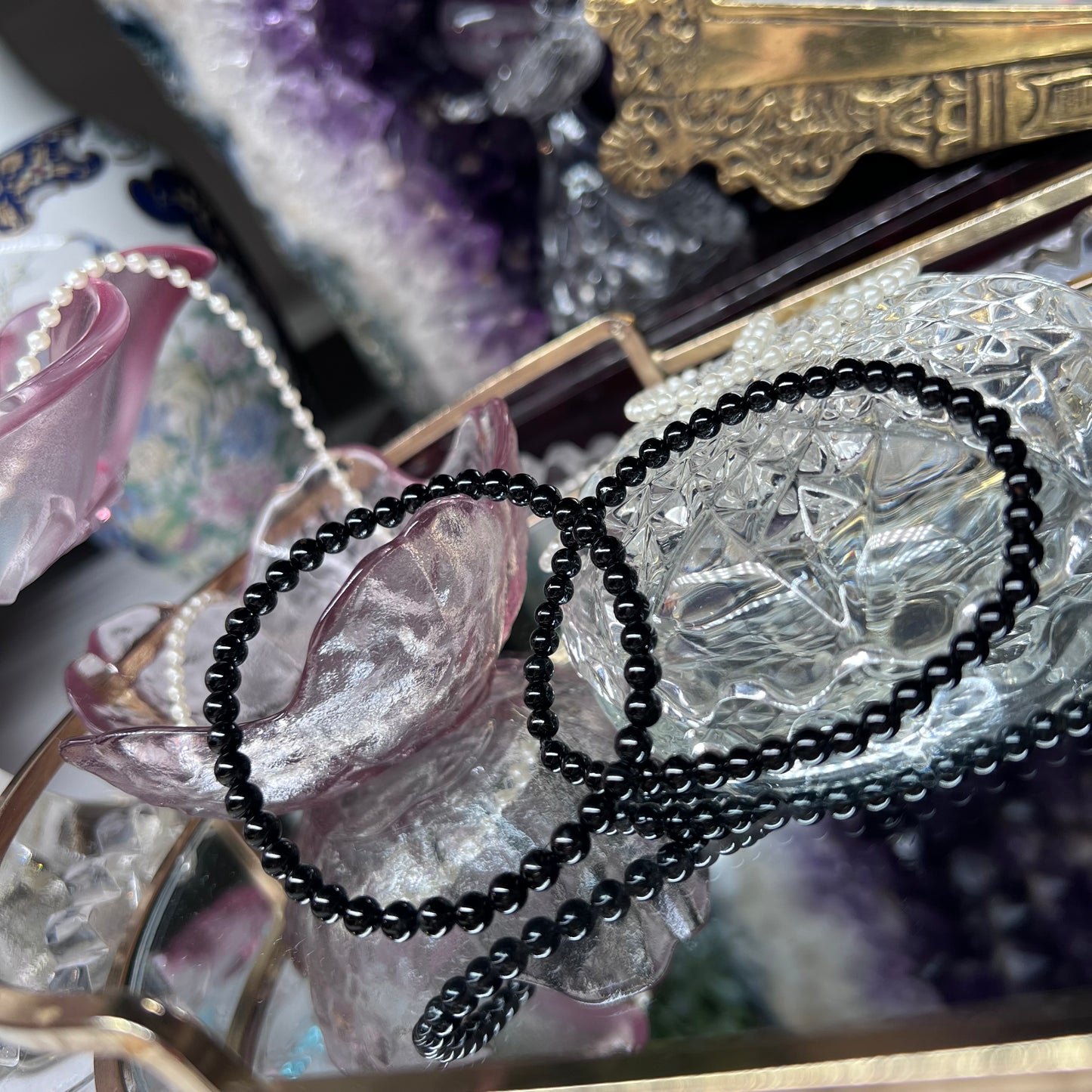 Black Tourmaline polished crystal beaded bracelet - 4mm