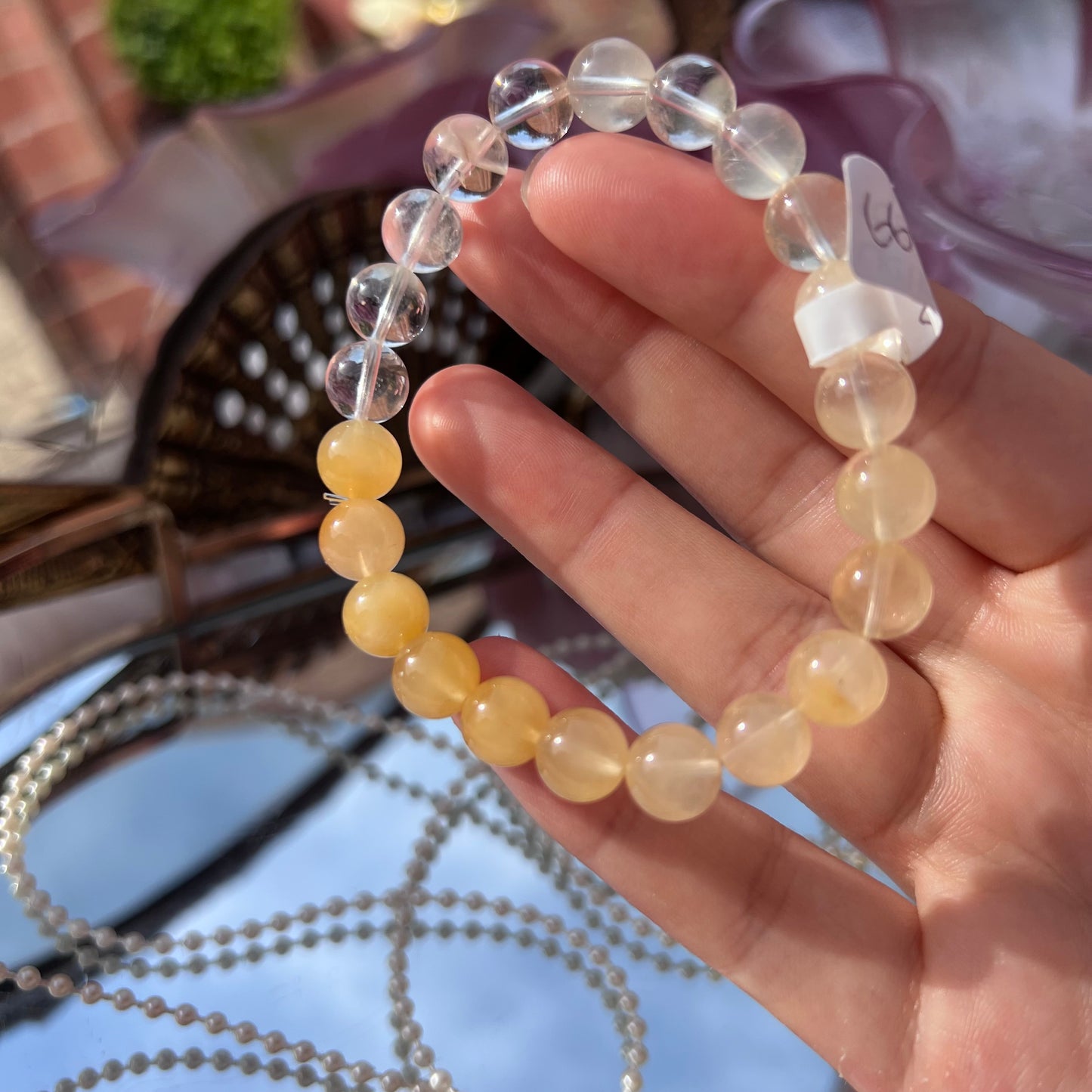 Yellow ombré rabbit hair in quartz crystal beaded bracelet - 8.8mm