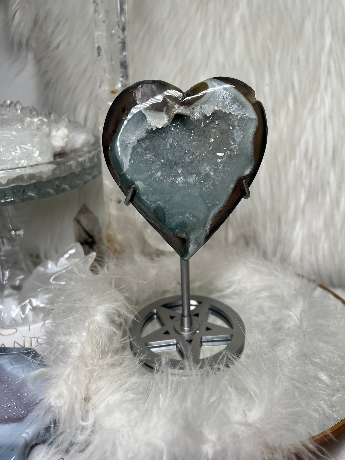 Green Amethyst with agate heart (metal stand included)