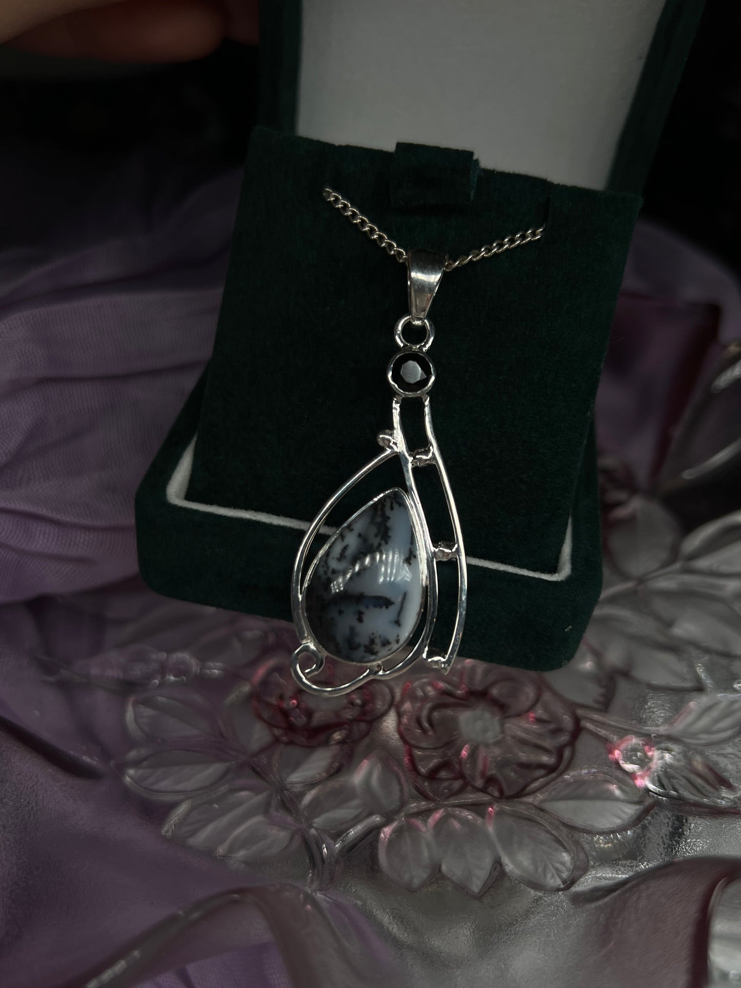 Faceted Black Onyx & Merlinite teardrop unique designed crystal 925silver pendant - statement necklace