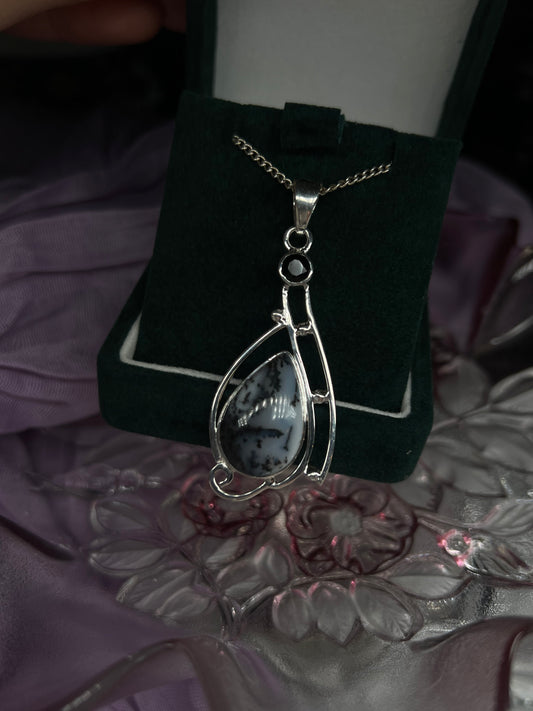 Faceted Black Onyx & Merlinite teardrop unique designed crystal 925silver pendant - statement necklace