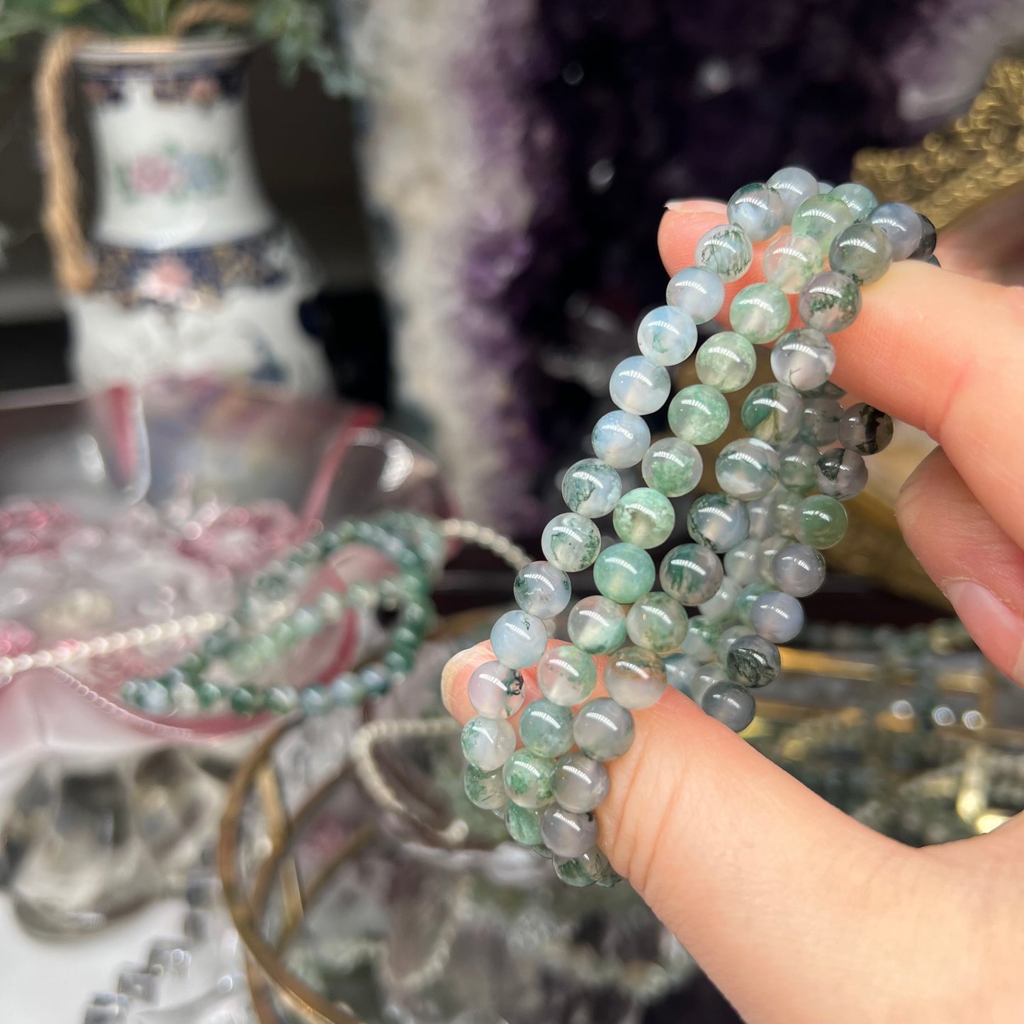 Moss Agate Crystal beaded bracelet (High quality) - 6mm