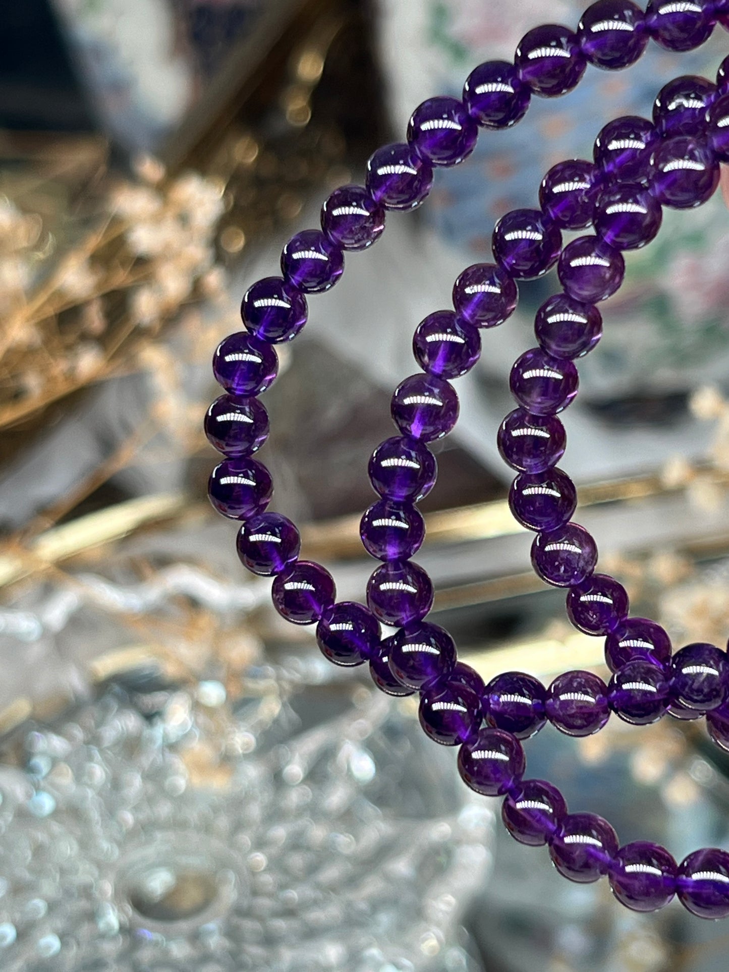 Amethyst beaded necklace / triple stack bracelet