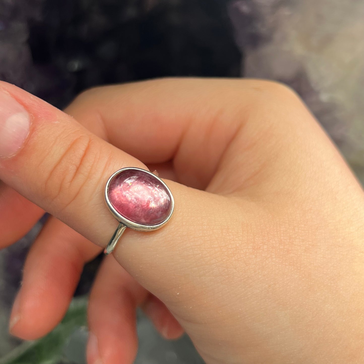 Lithium mica lepidolite 925silver ajustable ring