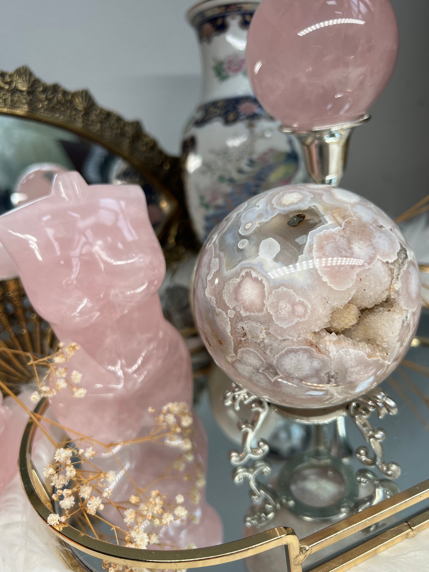 Pink amethyst flower orbicular agate sphere with quartz & sparkly quartz inclusions