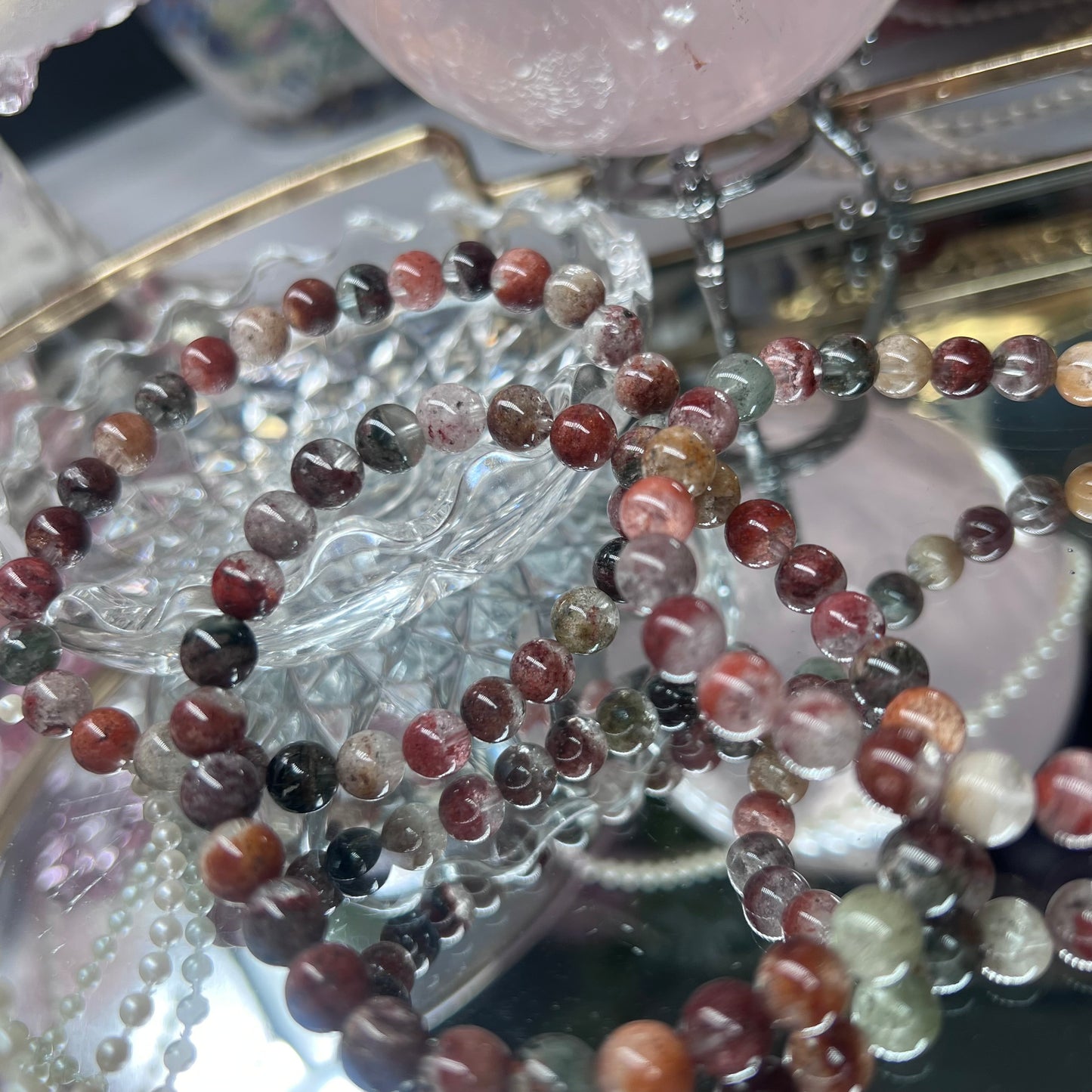 Multicolour Mixed Lodalite in quartz crystal beaded bracelet - 6.5mm