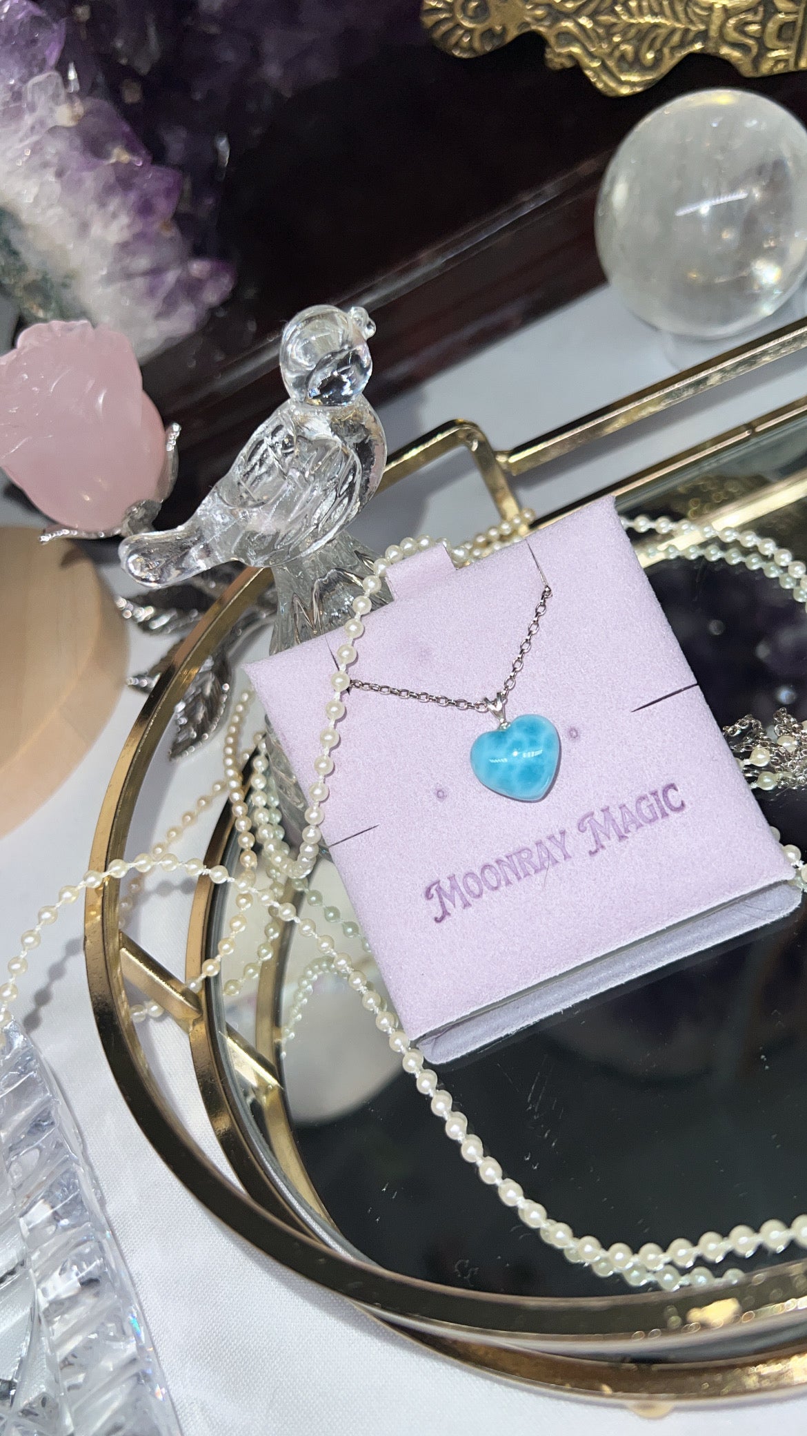 Larimar Heart carved crystal 925silver pendant necklace