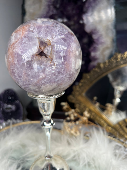 Pink amethyst, amethyst, black flower agate sphere