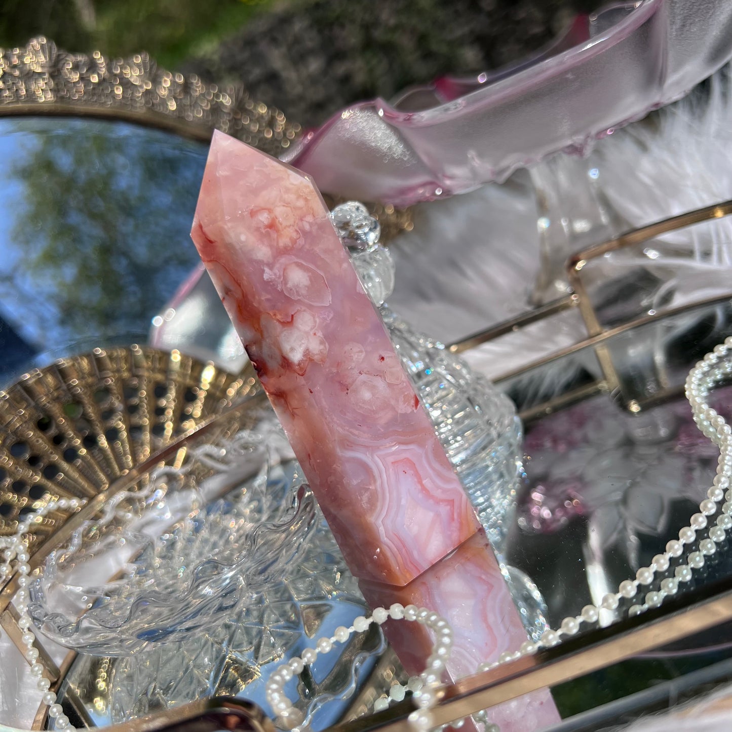 Pink Carnelian with flower agate & mineral inclusions