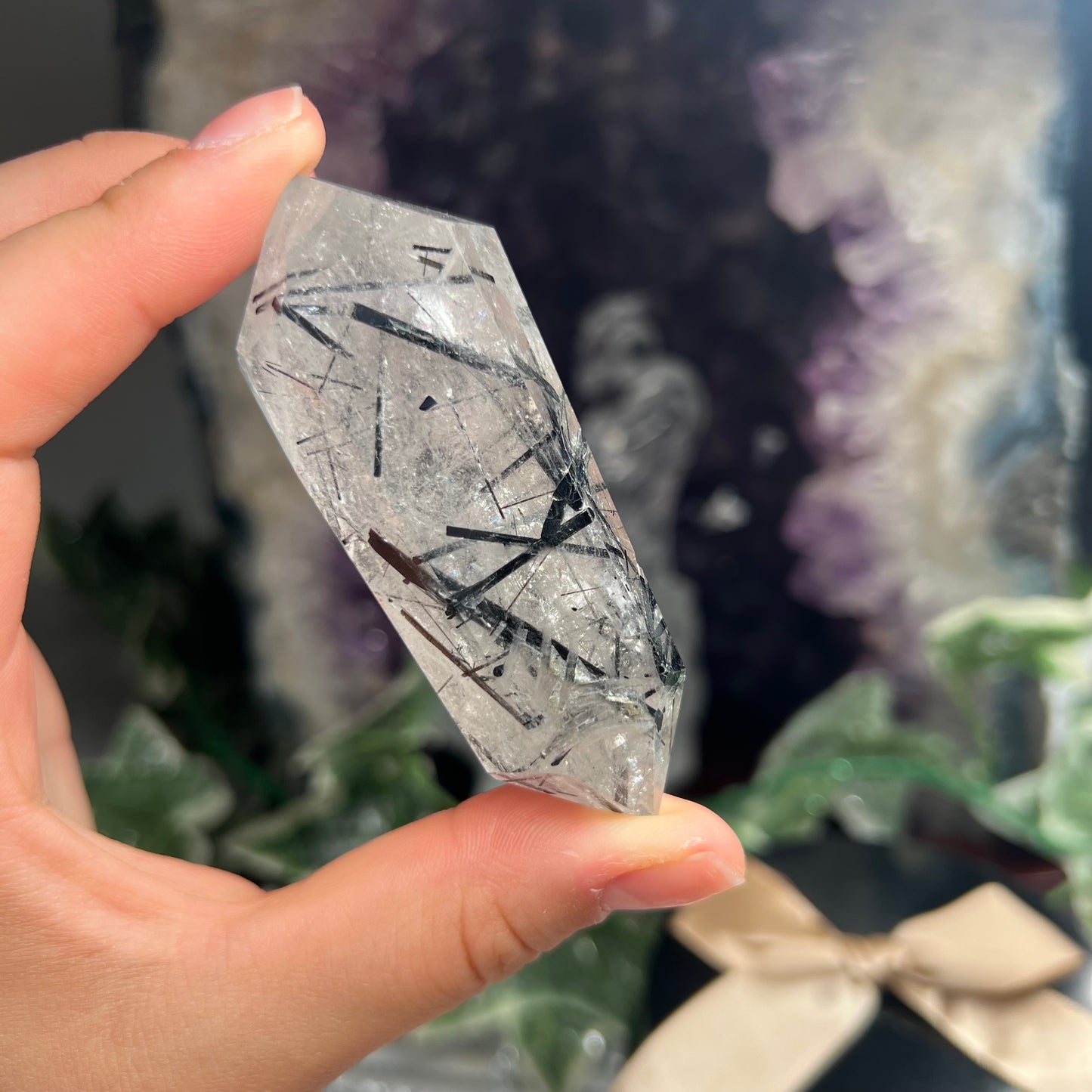 Black tourmaline in quartz DT point