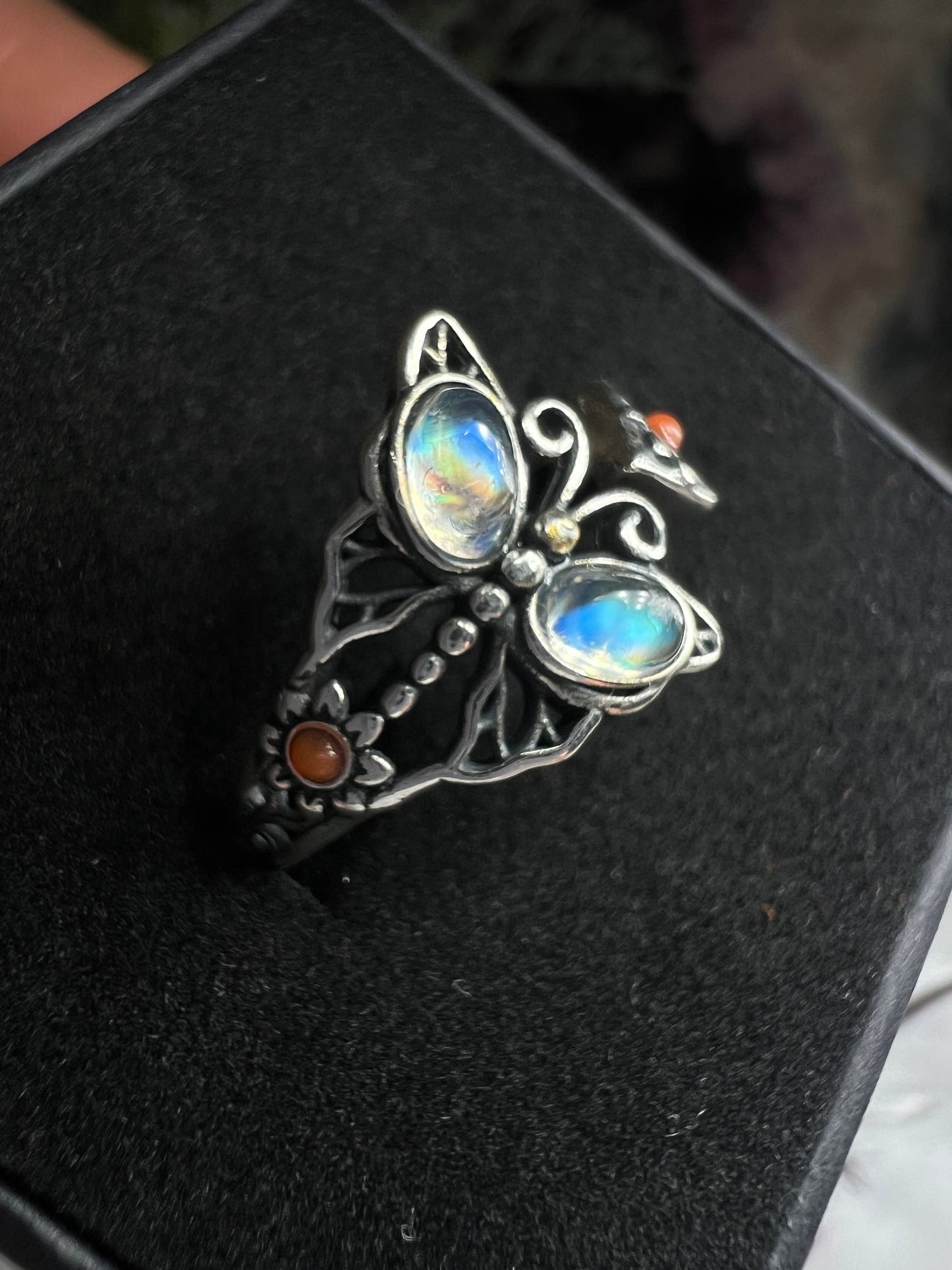 Rainbow moonstone 925silver butterfly style adjustable ring