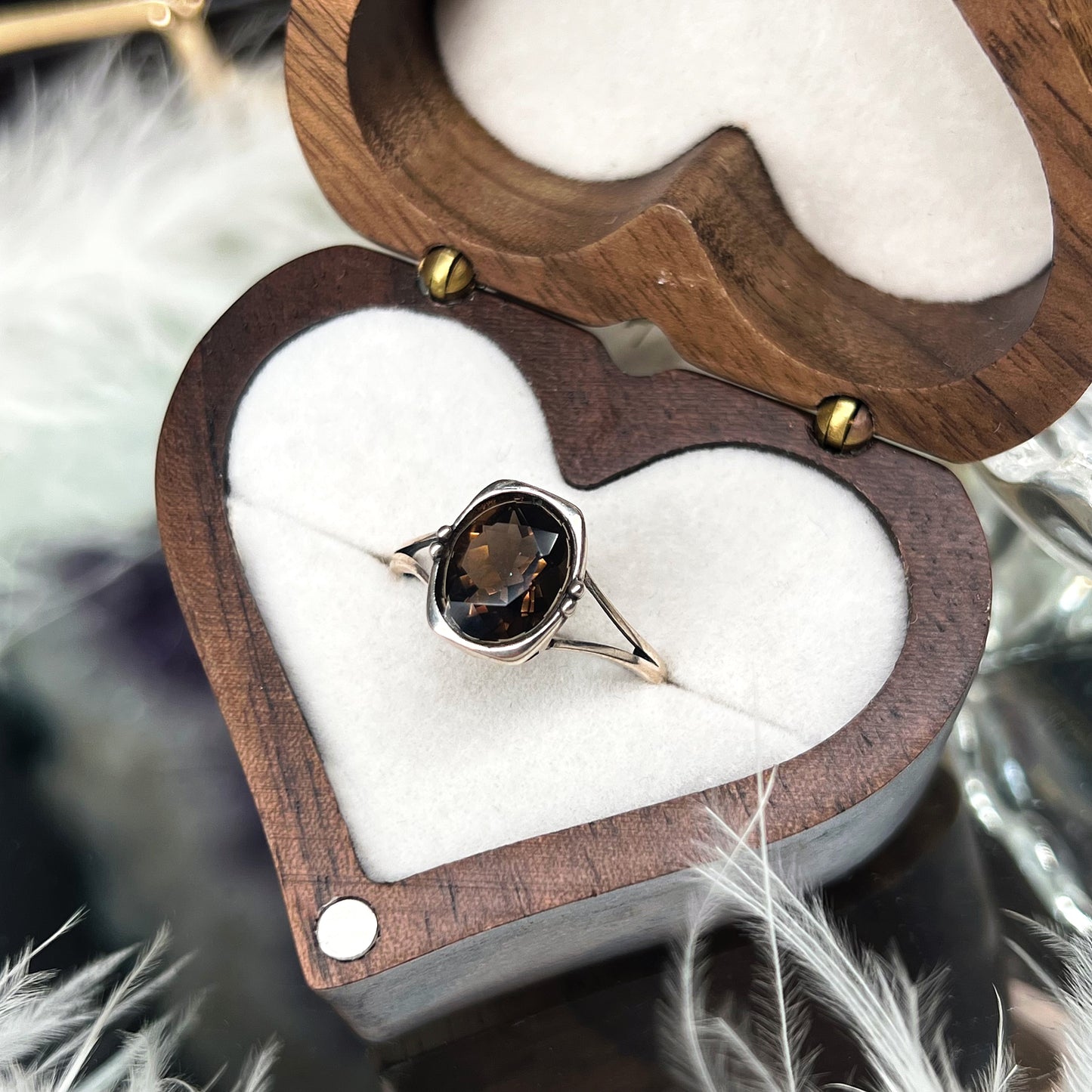 Faceted Smokey quartz vintage style 925silver adjustable ring