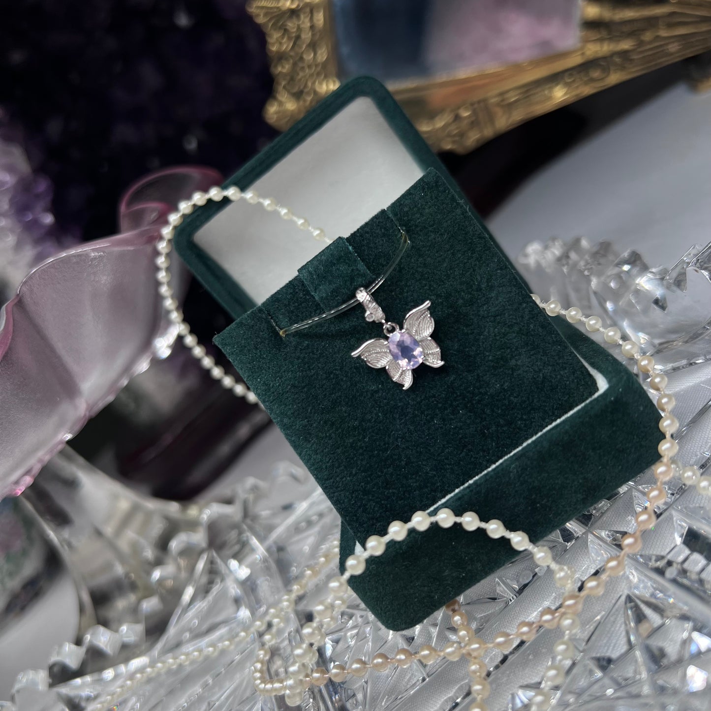 Lavender Moon Quartz butterfly design with faceted gemstone pendant - 925 sterling silver