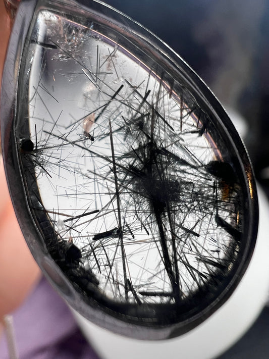 Black Tourmaline in Quartz 925silver teardrop shape pendant