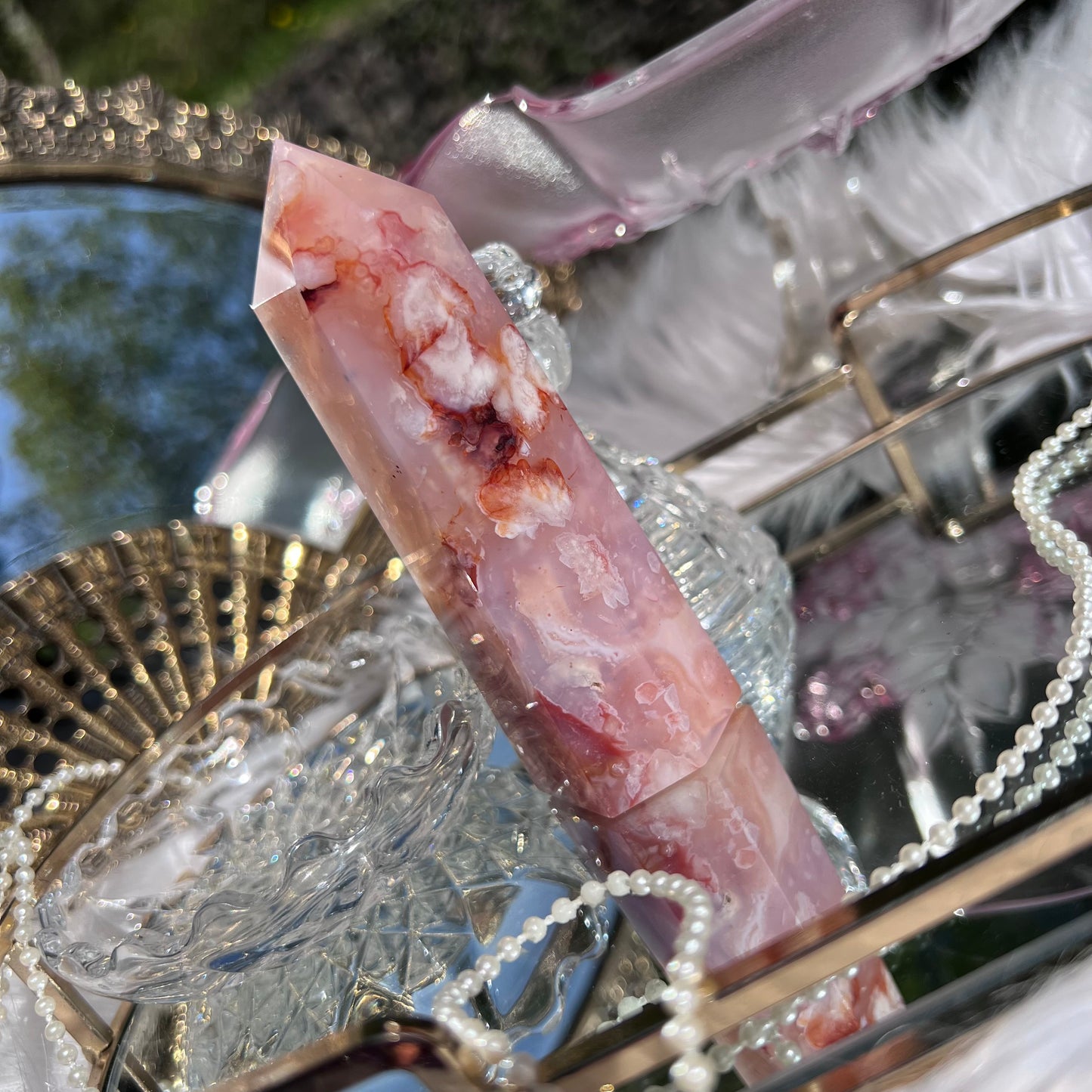 Pink Carnelian with flower agate & mineral inclusions