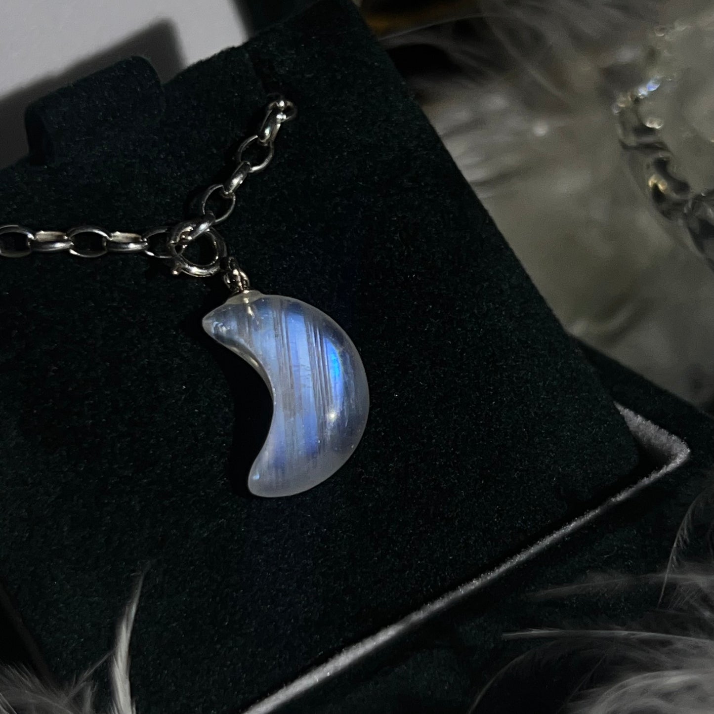 Rainbow moonstone 925silver moon charm