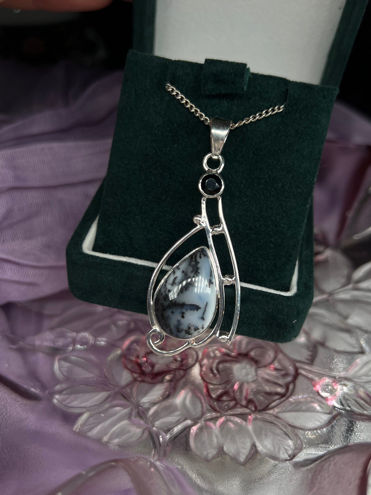 Faceted Black Onyx & Merlinite teardrop unique designed crystal 925silver pendant - statement necklace