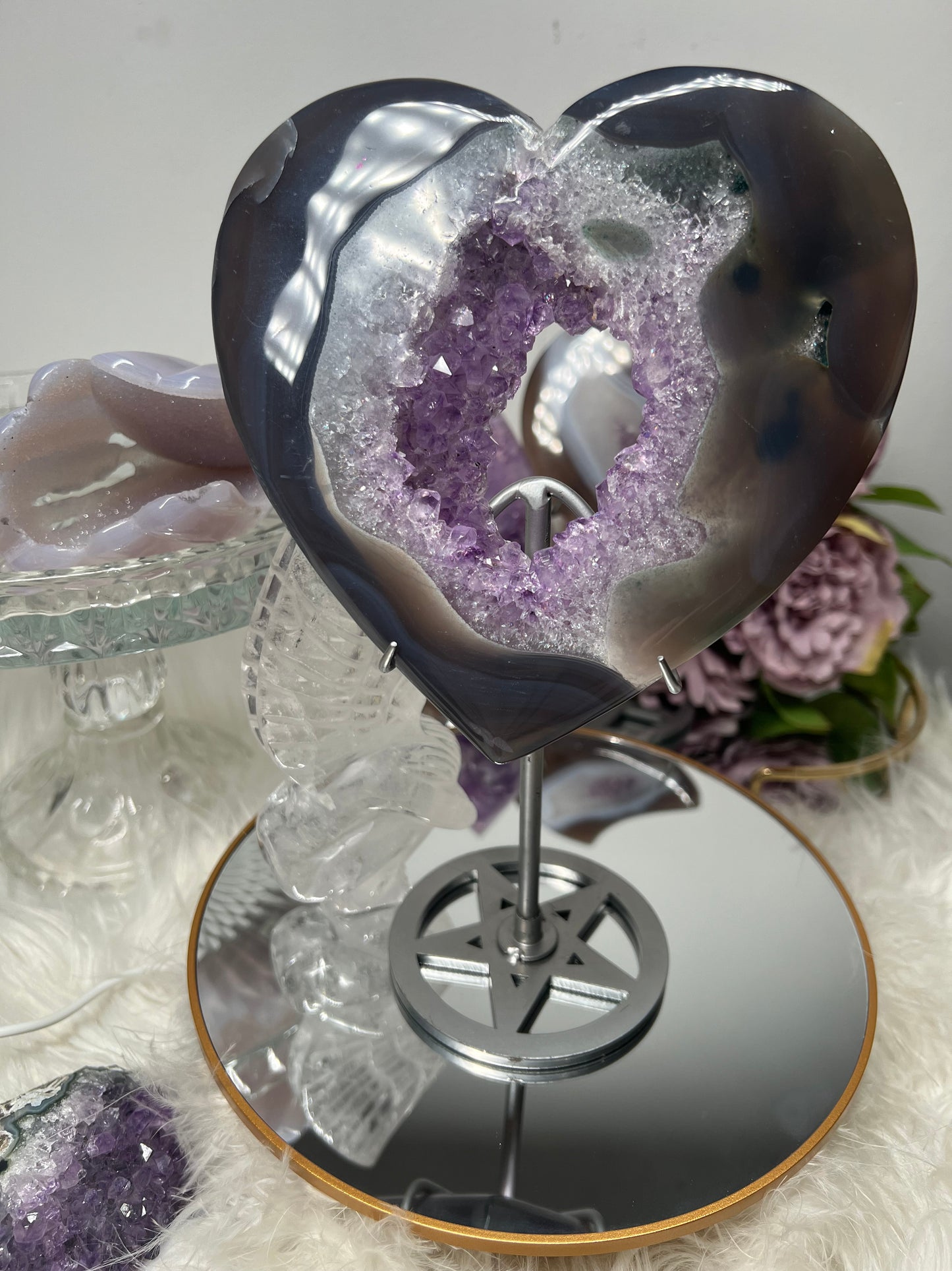 Amethyst & agate with moss agate inclusions sparkly heart with metal stand