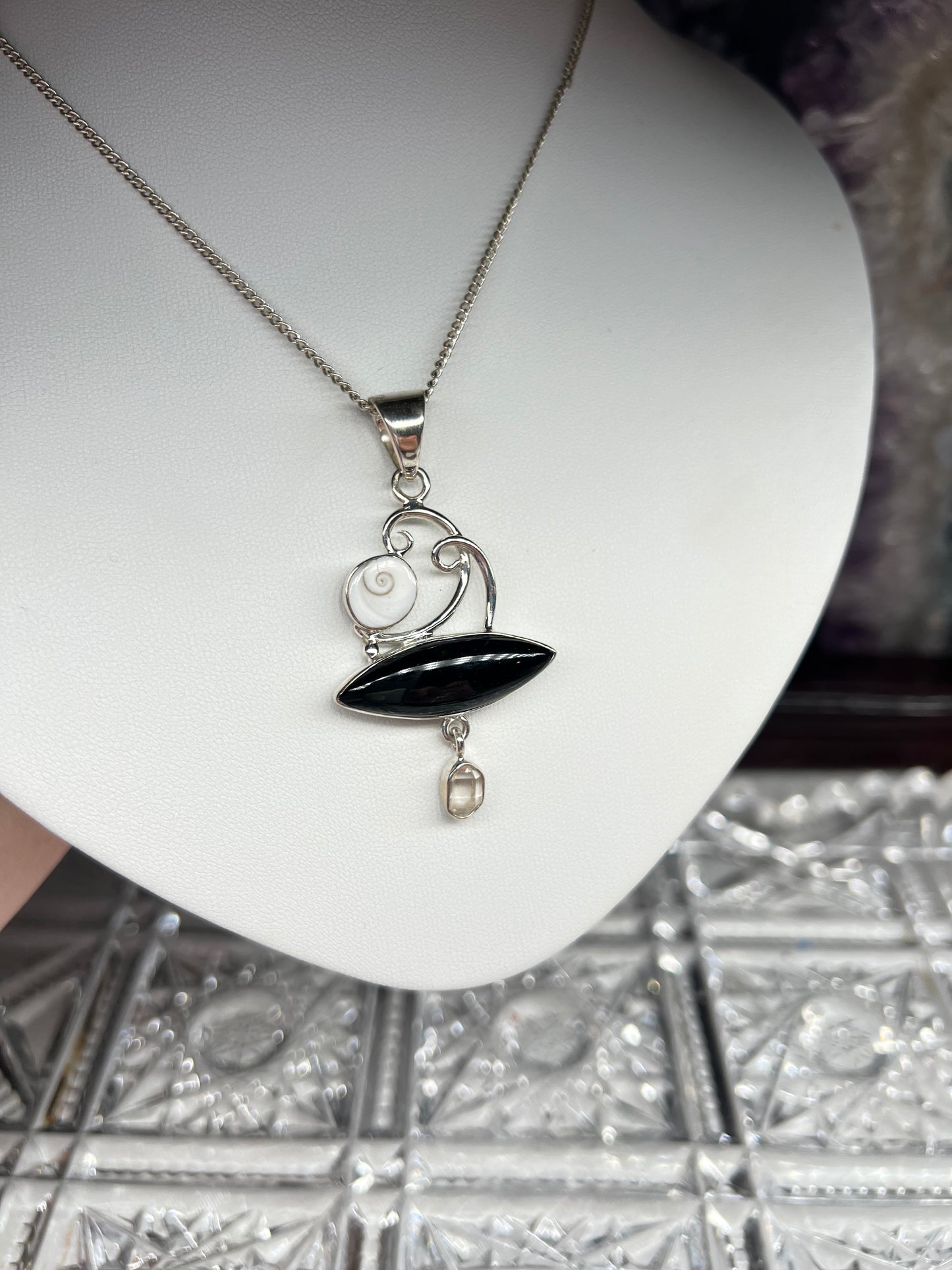 Black obsidian, Shiva Shell & Herkimer Diamond 925silver statement pendant necklace