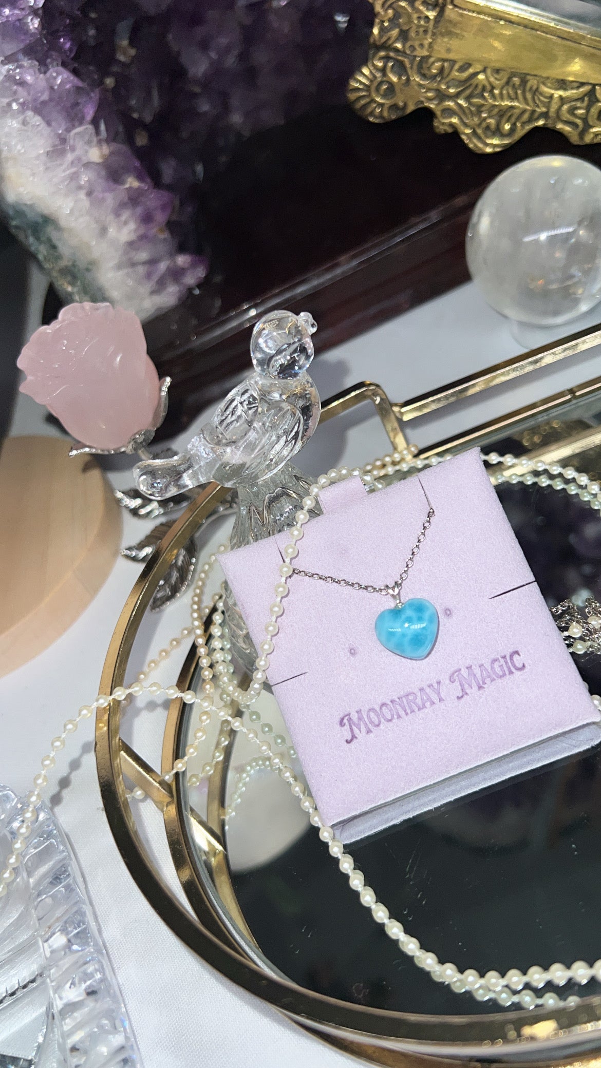 Larimar Heart carved crystal 925silver pendant necklace