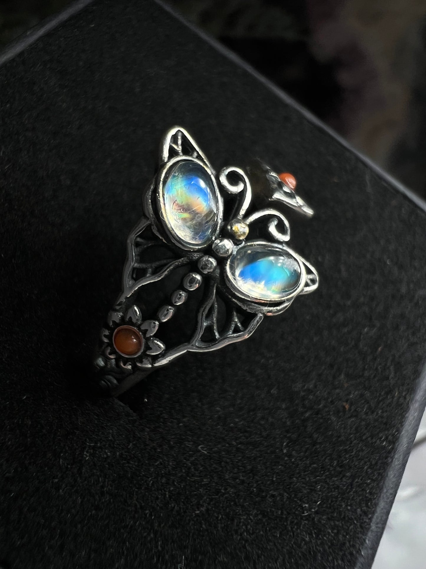 Rainbow moonstone 925silver butterfly style adjustable ring