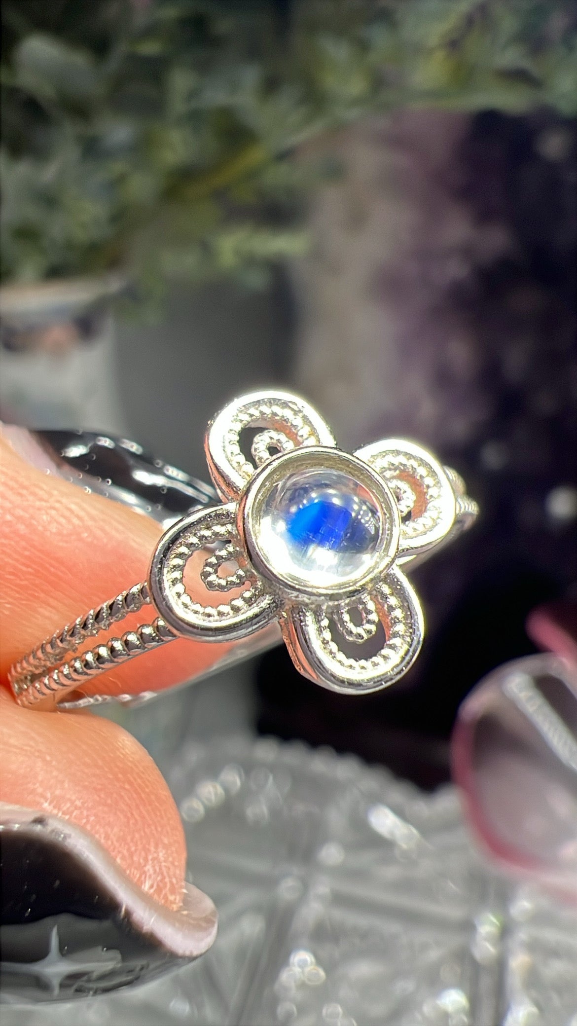 Madagascan moonstone clover style 925silver adjustable size ring