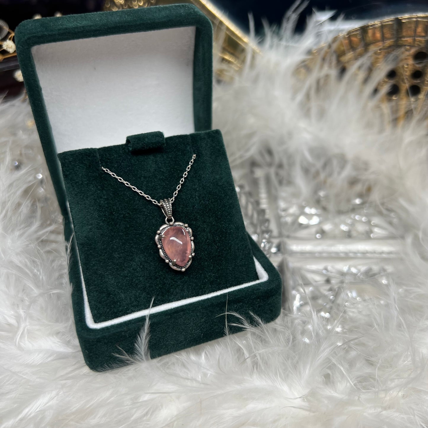 Rose quartz 925silver vintage style pendant