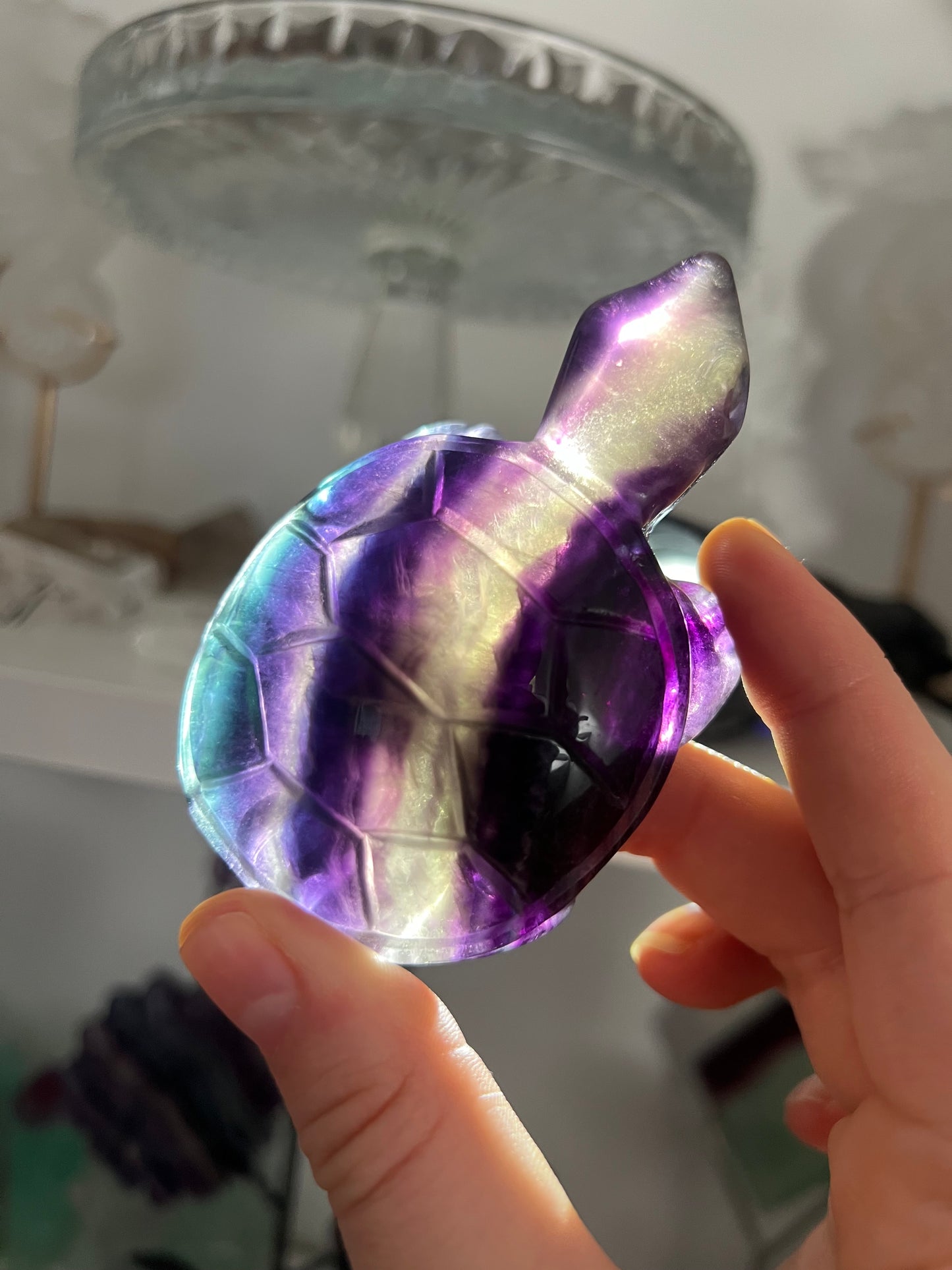 Fluorite turtle carving with slight small chip on foot (not noticeable)