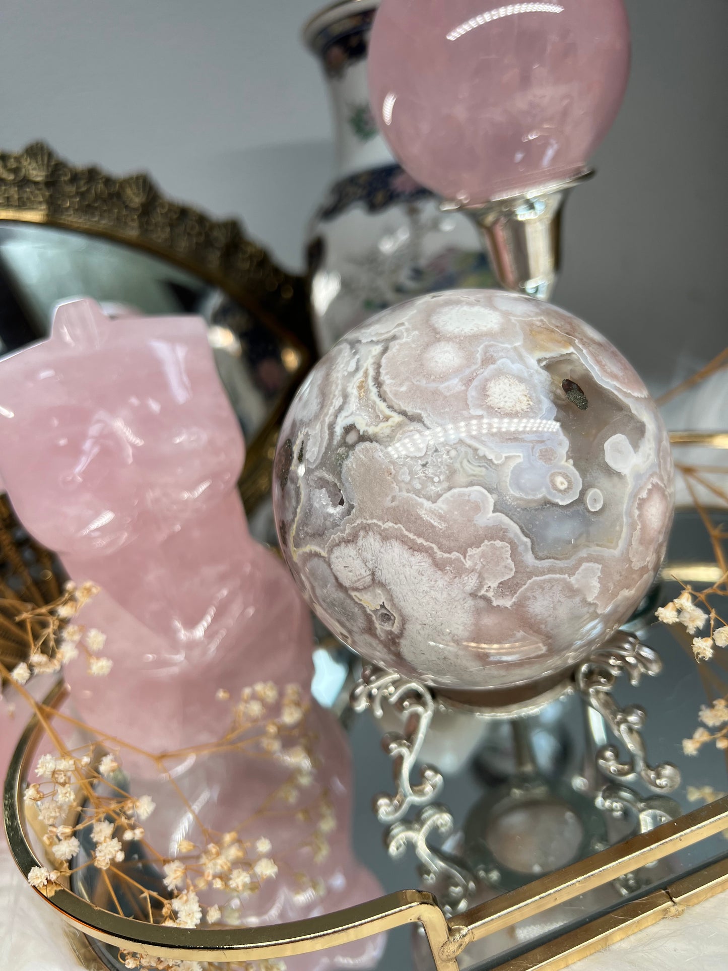 Pink amethyst flower orbicular agate sphere with quartz & sparkly quartz inclusions