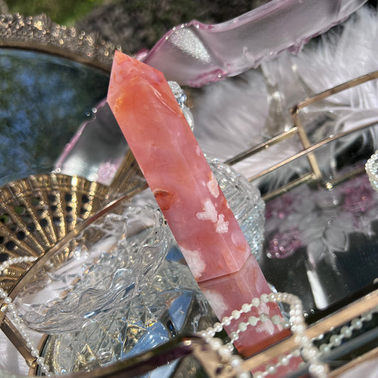 Pink Carnelian with Flower Agate inclusions crystal tower