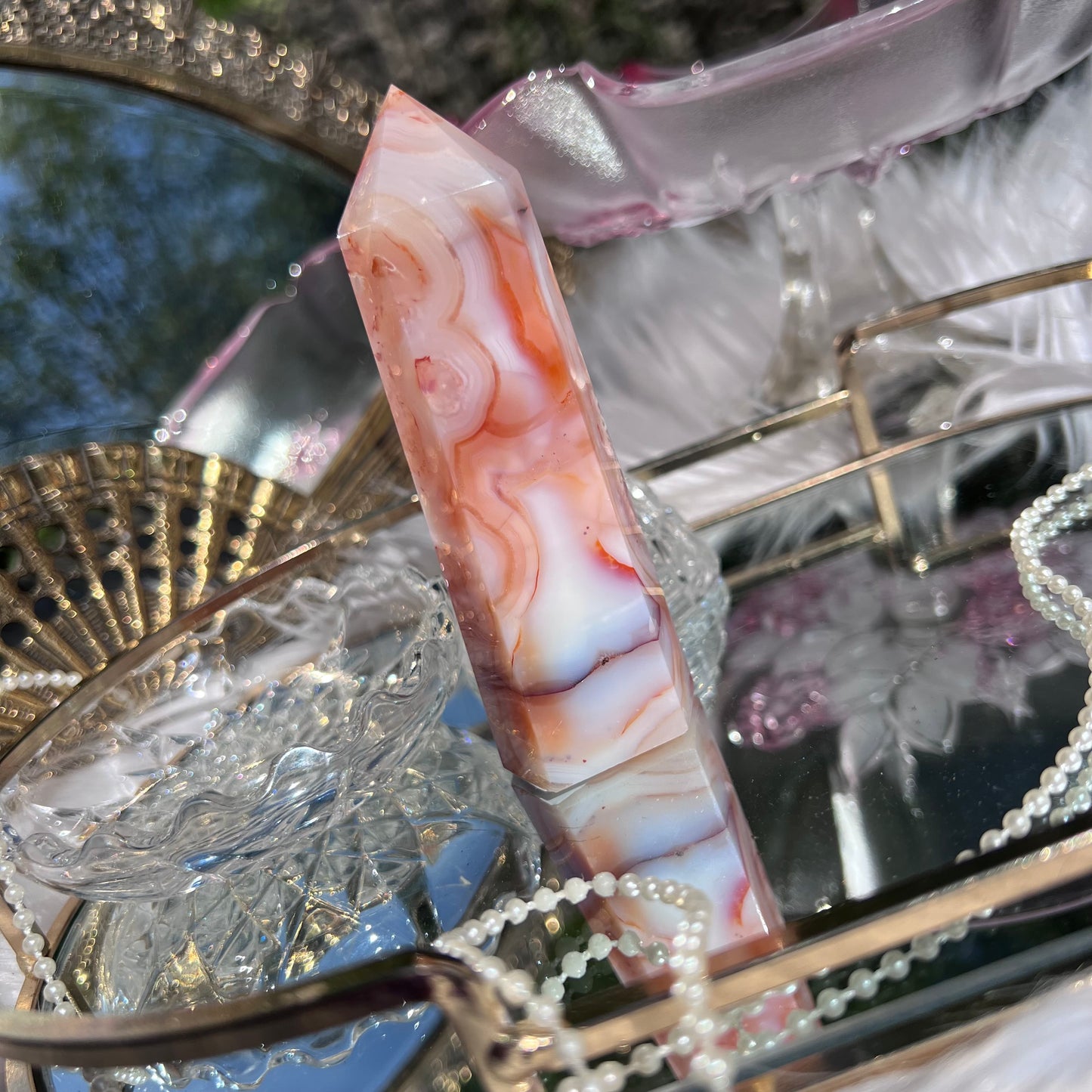 Pink Carnelian with Flower Agate & Blue Chalcedony inclusions crystal tower
