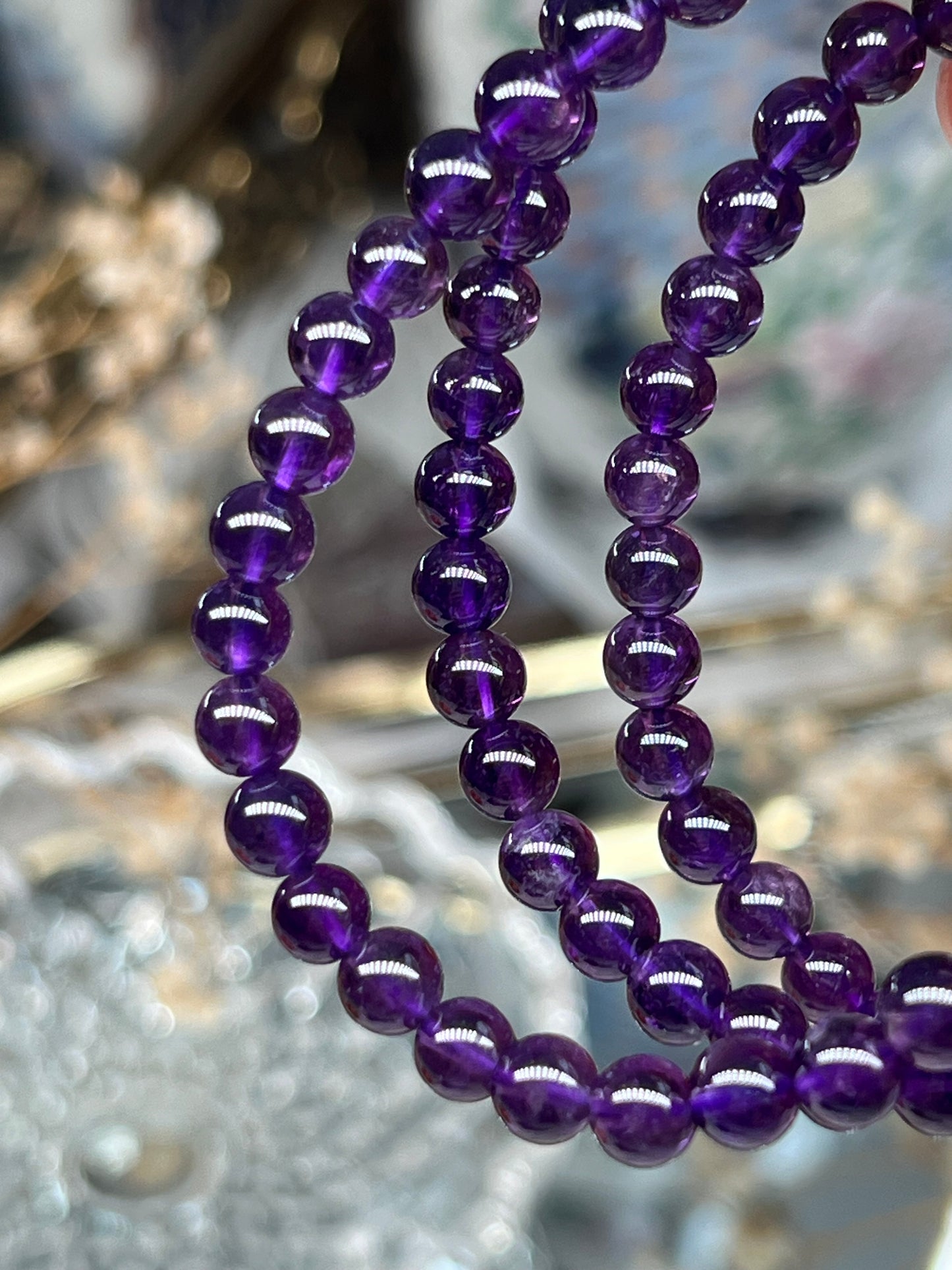 Amethyst beaded necklace / triple stack bracelet