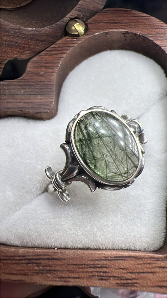Rare Green Rutile quartz Celtic vintage style 925silver adjustable size ring