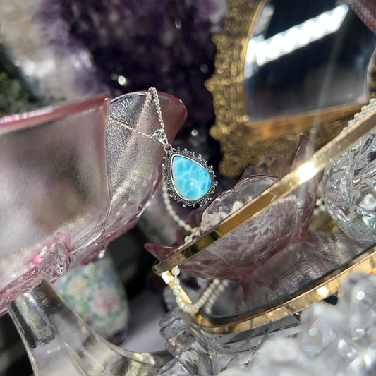 Larimar teardrop shape vintage style pendant necklace - 925 silver