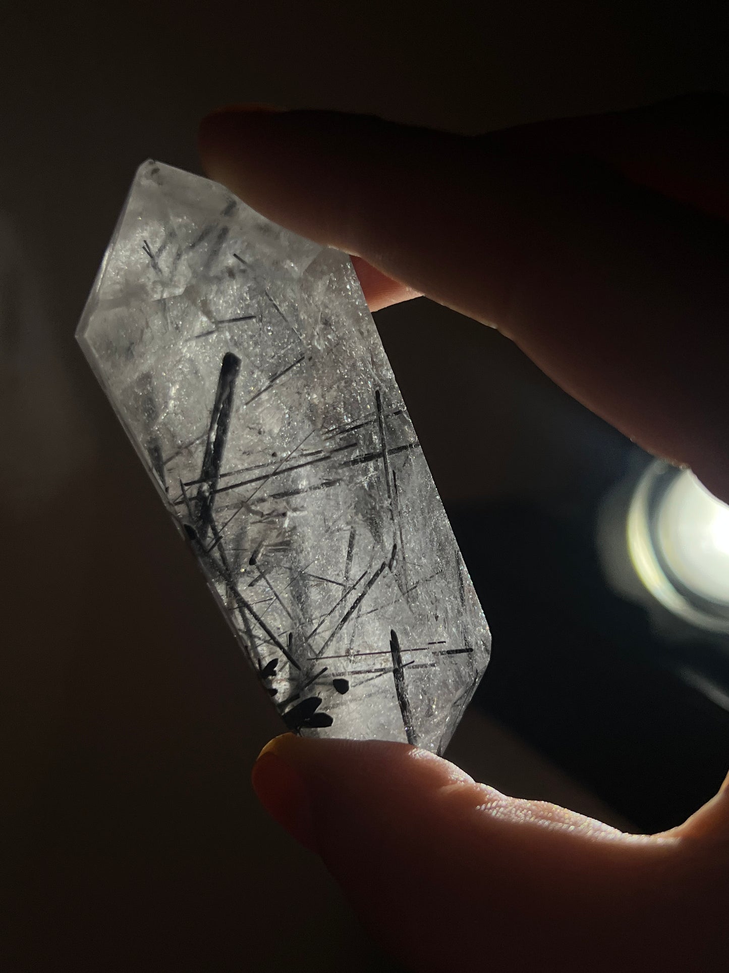 Black tourmaline in quartz DT point