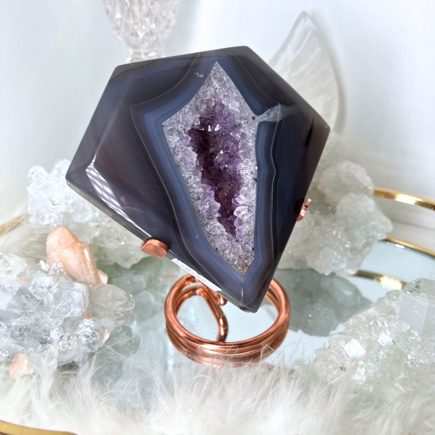 Amethyst, Agate & quartz chunky diamond with metal stand