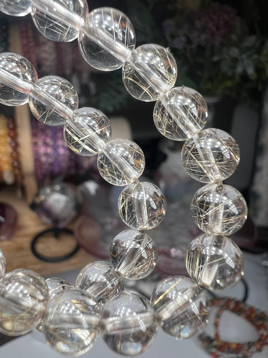 Silver rutile crystal beaded bracelet - 7mm