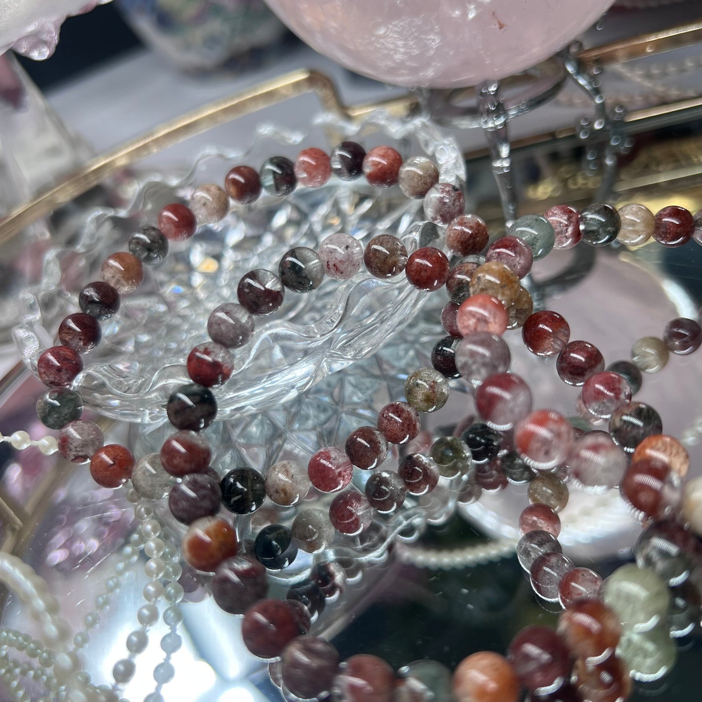 Multicolour Mixed Lodalite in quartz crystal beaded bracelet - 6.5mm