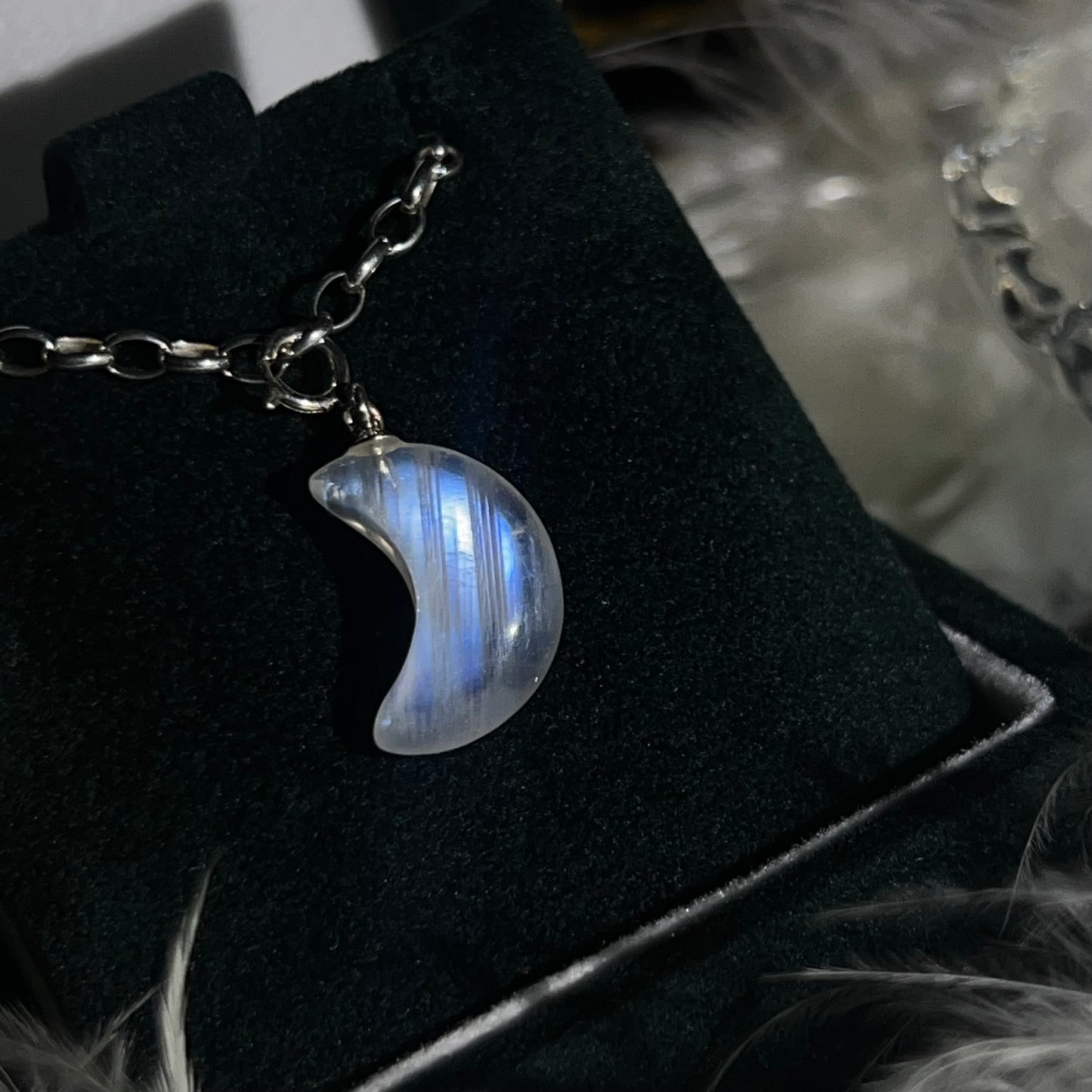 Rainbow moonstone 925silver moon charm