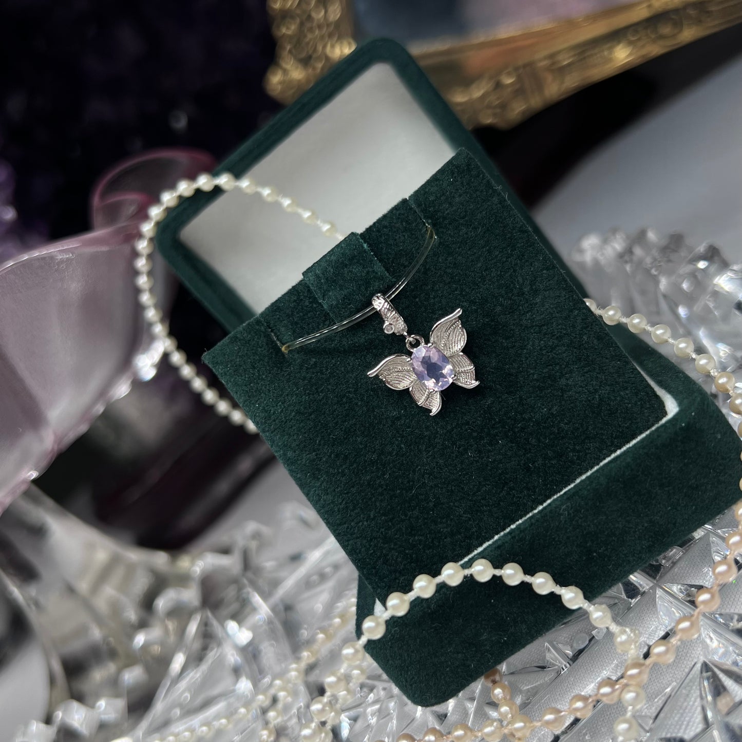 Lavender Moon Quartz butterfly design with faceted gemstone pendant - 925 sterling silver