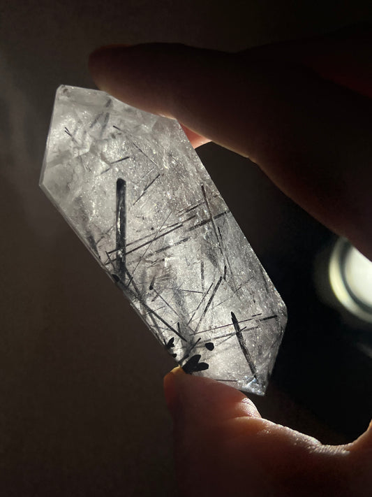 Black tourmaline in quartz DT point