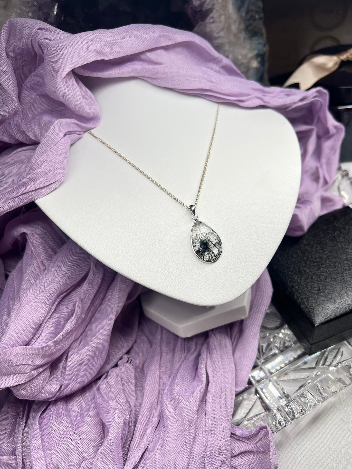 Black Tourmaline in Quartz 925silver teardrop shape pendant