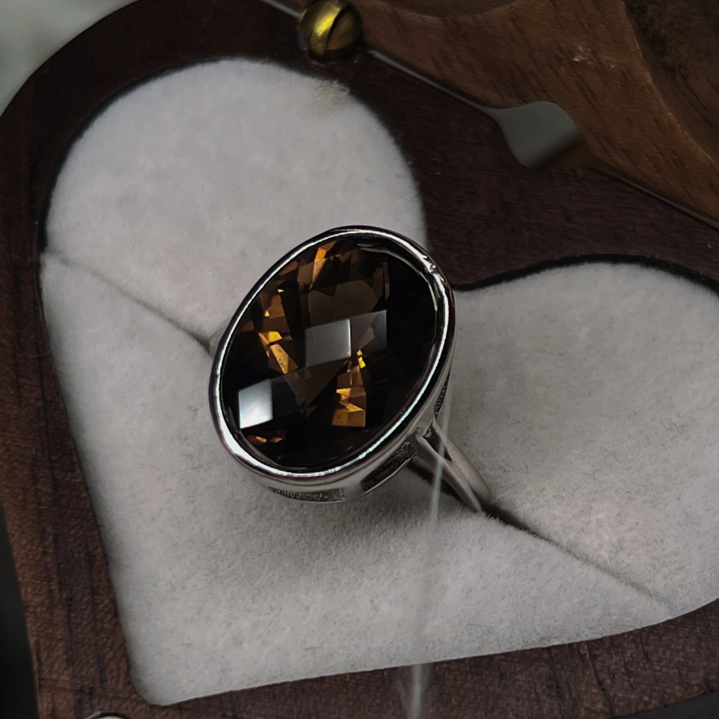 Faceted smokey quartz round adjustable 925silver ring