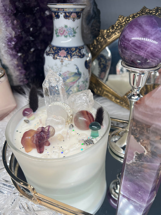 Mothers love fluorite & quartz crystal candle