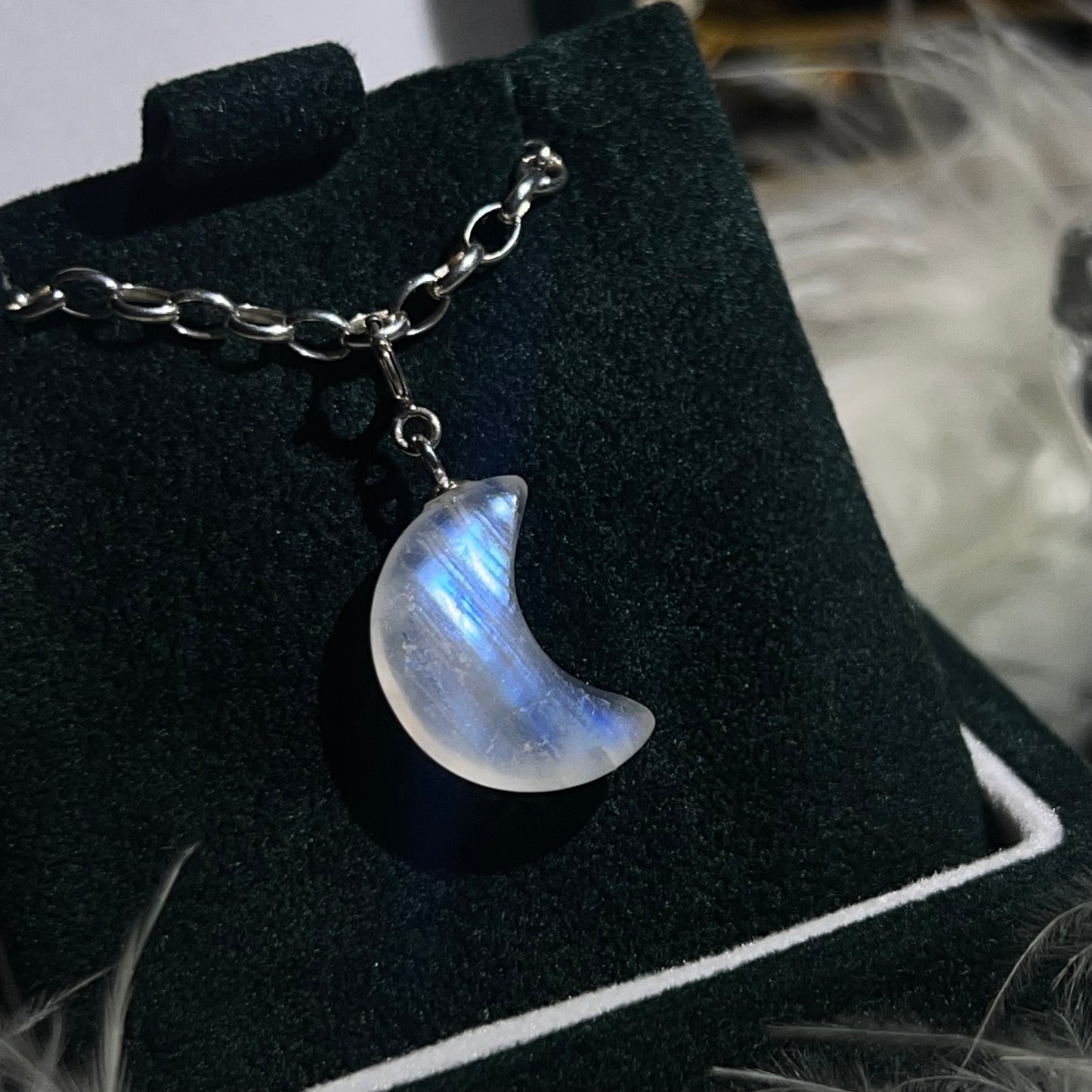 Rainbow moonstone 925silver moon charm