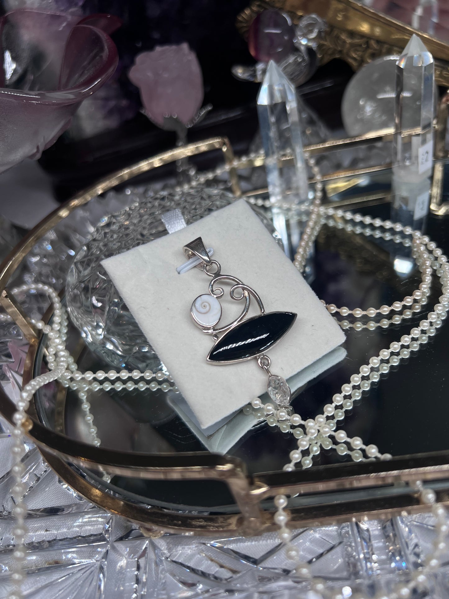 Black obsidian, Shiva Shell & Herkimer Diamond 925silver statement pendant necklace