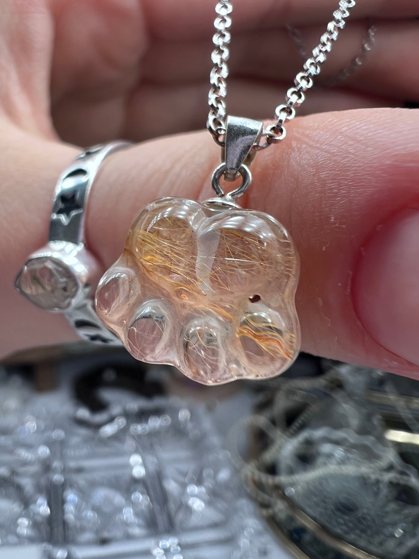 Golden Rutile in Quartz pet paw carved 925 silver pendant necklace