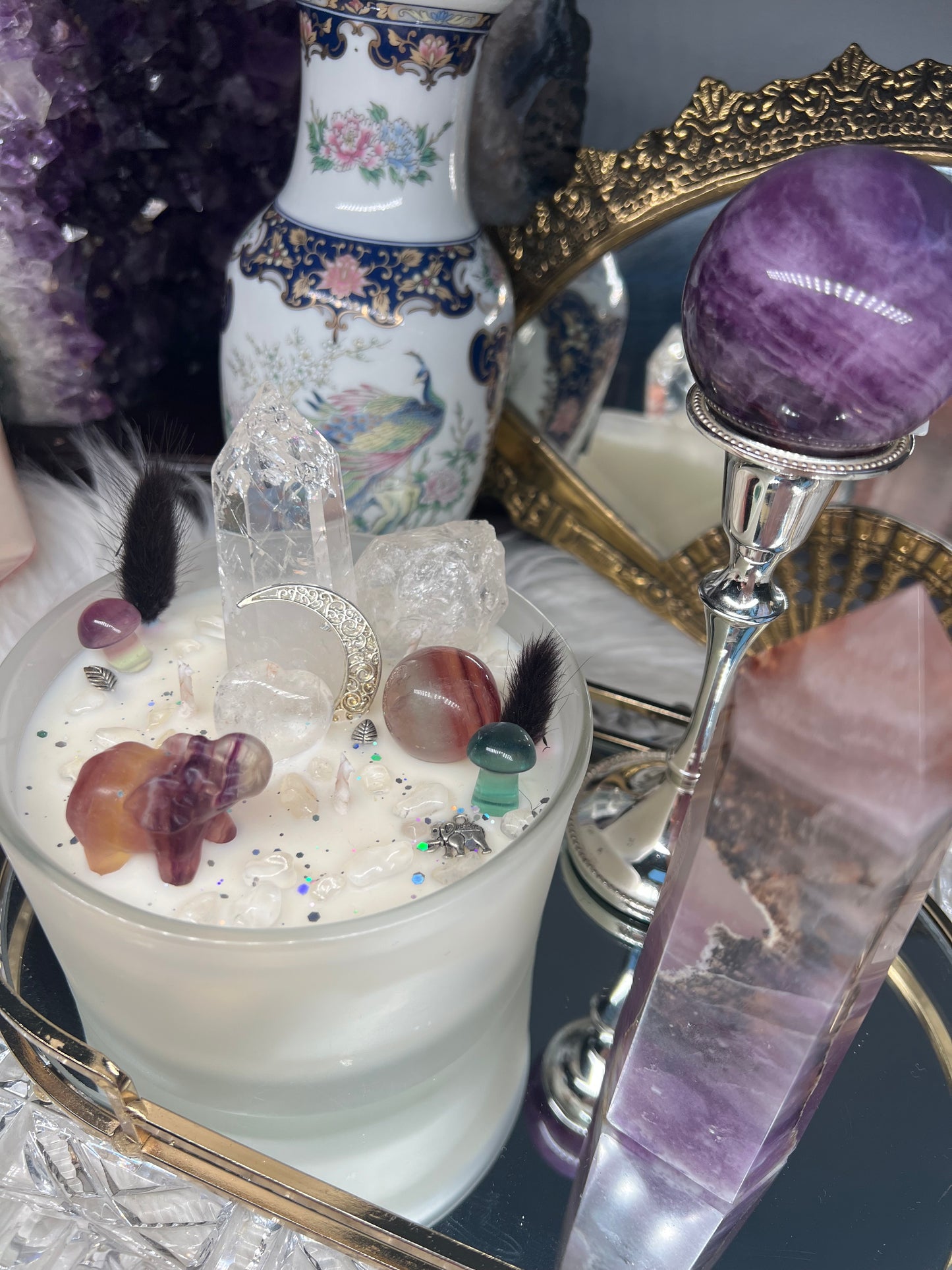 Mothers love fluorite & quartz crystal candle